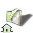 Image composé d' une maison vue de face, et d' un livre avec une plume dorée, vue légèrement en perspective du dessus.